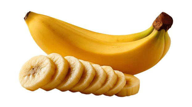 Ripe yellow banana and sliced banana pieces isolated on transparent background png