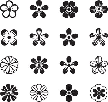 Collection of black and white simple flower illustrations vector