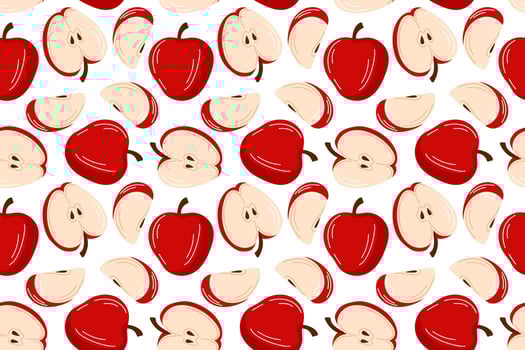 Seamless pattern with red apple slice in flat style on white background. Perfect for kitchen or bed linen textile and autumn harvest design. vector