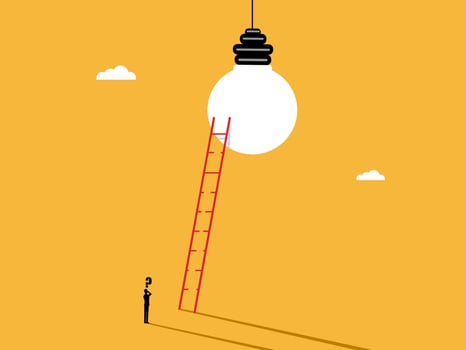 businessman encounters an obstacle in his way up the stairs to find the light bulb vector
