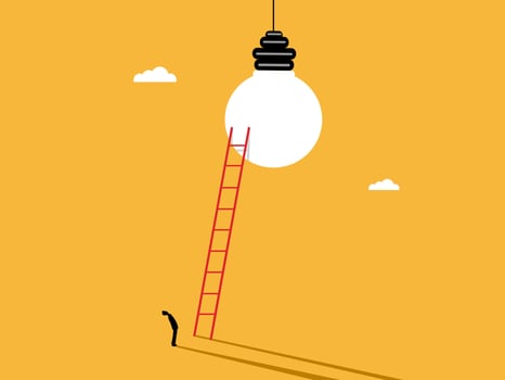 businessman finds his way up the stairs to find the light bulb vector