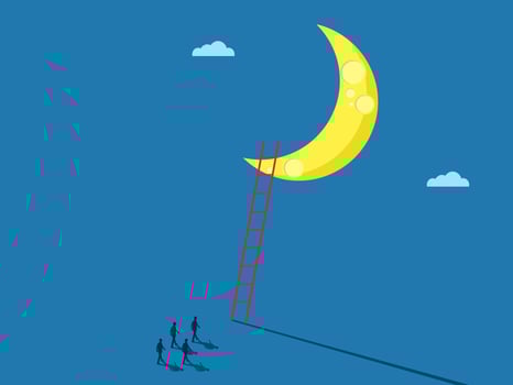team of businessmen travel to the moon by climbing the stairs vector
