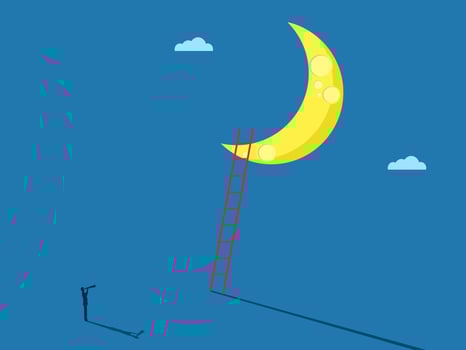 businessman looks at the long stairway to the moon of success vector