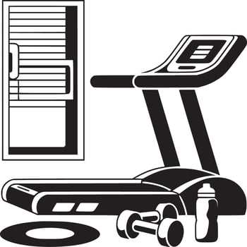 A treadmill sauna dumbbells water bottle and a mat on the floor vector