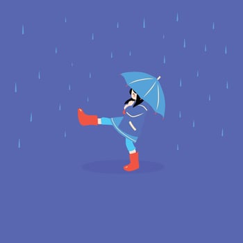 Illustration of girl wearing raincoat, umbrella, and rain boots isolated with minimalist clean blue style vector