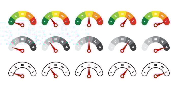 Speedometer or gauge icons. Depicting various levels from low to high vector