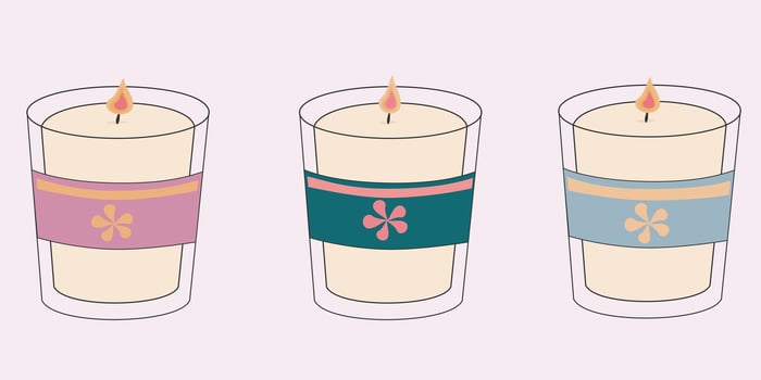 Set of burning candles. Beautiful forms for aromatic candles, packaging for candles with space for text. Advertising of candles. Hand-drawn illustrations. vector