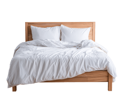 Stylish bedroom setup featuring a cozy bed with white linens png