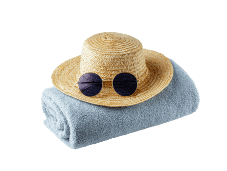 Beach essentials towel, hat, and sunglasses for fun png