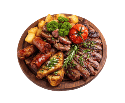 Delicious grilled meats served on a wooden platter with sides png