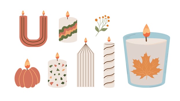 Autumn decorative candle set. Cozy fall candles in glass jars, spiral shapes, and pumpkin design. Flat illustration of home decor elements for seasonal design, stickers, planner, or packaging. vector