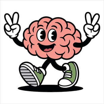 Cute Brain Cartoon Character Walking with Peace Hand Signs vector