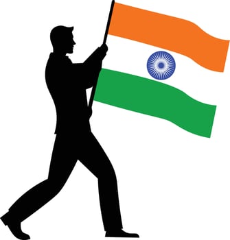A man silhouette taking flag of India in tricolour illustration clipart white background vector