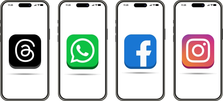 Modern interface of the Facebook, Instagram,treads and WhatsApp apps on a smartphone screen. vector