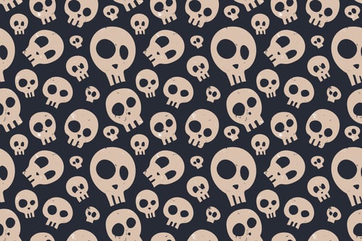 Seamless pattern with beige skulls on a dark background. Retro vintage texture. Playful spooky design, festive wallpaper, party decorations, backdrop for Halloween holiday designs, print, fabric. vector