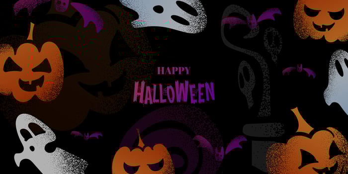 Halloween pumpkins, ghosts, and bats background design vector
