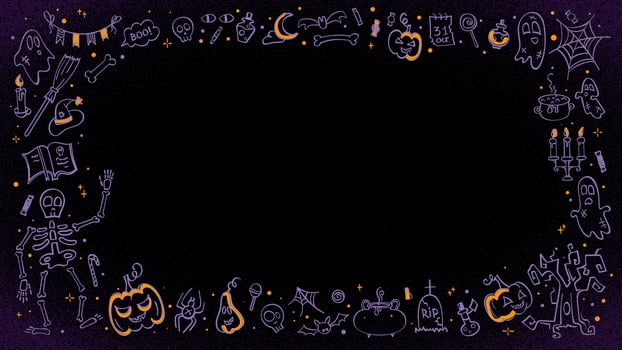 Dark Halloween border with doodle illustrations. Creative frame with hand drawn icons of pumpkin, ghost, skeleton, spider and other thematic elements. Graphic, template for banner, poster. vector