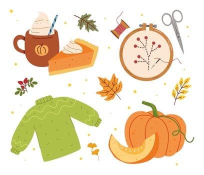 Autumn decorations including pie and pumpkin vector