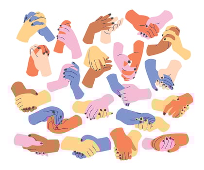 Two hands holding together set collection with retro, allyship or friendship to support a world with more solidarity, equal justice and opportunity, collaboration, racial equality, diversity romantic vector