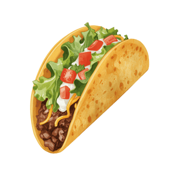 Delicious taco filled with savory ground meat, cheese, lettuce, tomatoes, and sour cream. png