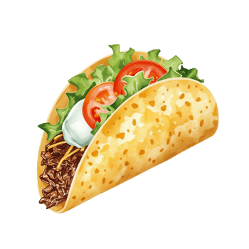 Delicious taco filled with savory meat, fresh lettuce, juicy tomato, cheese, and creamy sour cream. png