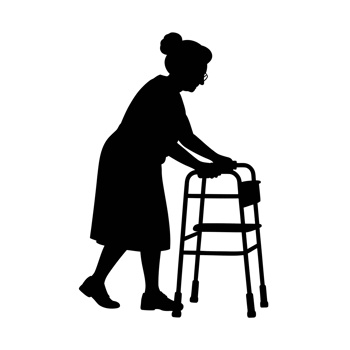 A silhouette of an elderly woman is depicted using a walker for support. png