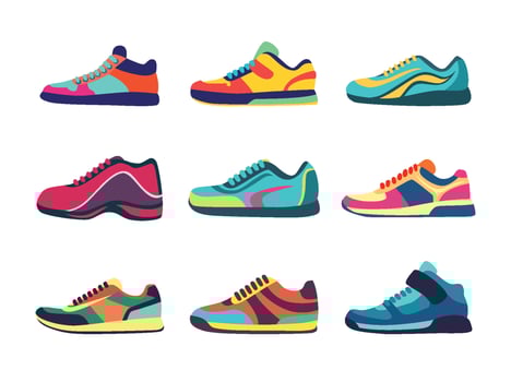 Cartoon athletic sneakers set collection, Fashion Sport shoe bundle, fitness footwear design multicolored sneaker of active man woman walking or running comfortable footwear, Trendy sportswear. vector