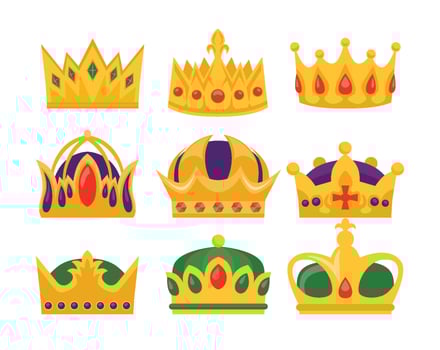 Gold crown set collection, Crowns set, Golden royal jewelry symbol of king queen and princess, Crown jewels isolated on white background, headdress for king and queen, noble aristocrat monarchy. vector