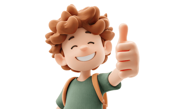 Cheerful cartoon boy with curly hair giving a thumbs up gesture isolated on transparent background png