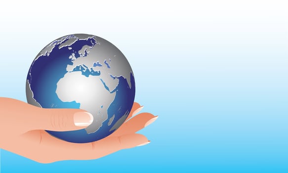 illustration of a human hand gently holding a glowing globe vector