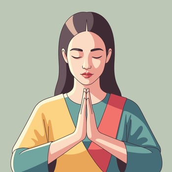 Peaceful woman with eyes closed in prayer or meditation, conveying serenity and calm focus. vector