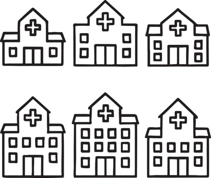 Simple Hand-Drawn Hospital Building Illustrations Six Cute Black Line Art Medical Facility Designs - Professional digital artwork with vibrant colors and detailed composition vector