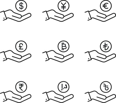 Currencies in Hand Dollar, Yen, Euro, Pound, Bitcoin, Lira, Rupee, Dirham, and Taka donate. Coin donate concept vector