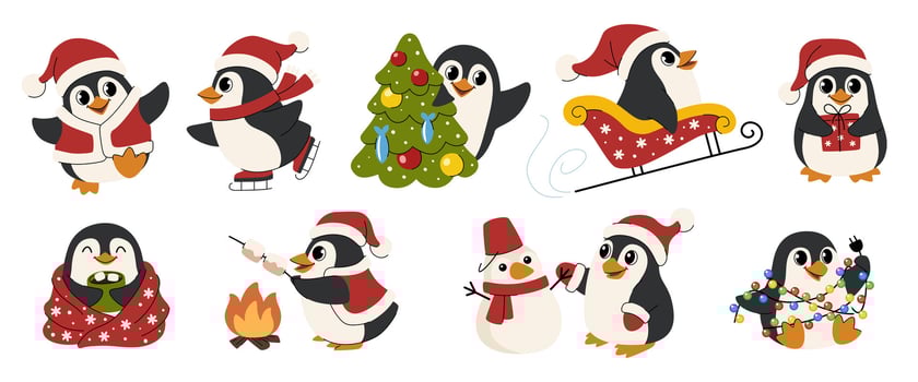 Cheerful holiday penguins in winter attire vector