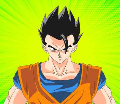 Ultimate Gohan illustration with intense expression and green comic background vector
