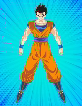 Full body illustration of Ultimate Gohan with powerful stance and blue comic background vector