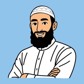 Muslim man portrait with Smiling and beard wearing a white kulfi and shirt illustration art with blue background vector