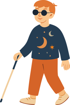 A blind boy wearing black glasses walks confidently with the help of a cane. png