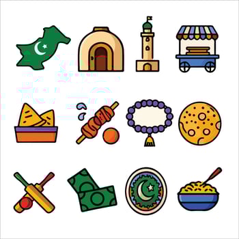 Pakistan culture icons set, including map, food vector