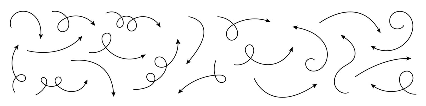 Twisted Hand Drawn Arrows. Collection of Curved Doodle Arrows. vector