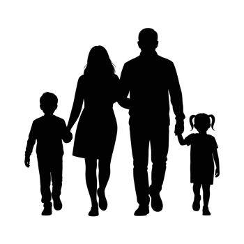 A family of four is silhouetted, walking hand in hand with the parents guiding two children png