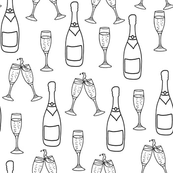 Champagne seamless pattern. Bottle and two clinking Glasses in doodle style. black and white illustration. vector