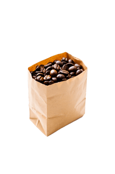 Artisanal coffee beans spilling from craft paper package, specialty brew ingredient isolated png