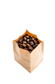 Open paper bag full of roasted coffee beans, gourmet blend isolated on transparent background png