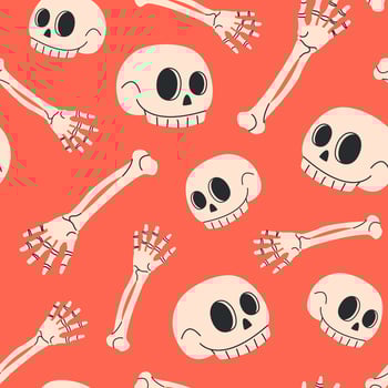 Cute Halloween seamless pattern with playful skulls and bones on a vibrant background. Ideal for spooky season fabrics, decor, prints, and digital projects. Tile in flat style. vector