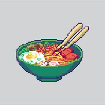 Pixel art ramen bowl with chopsticks vector