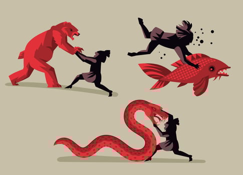 kintaro kid japanese strong hero fighting bear, snake and fish vector