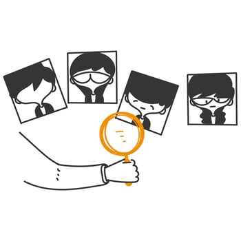 a hand holding a magnifying glass with pictures of people vector