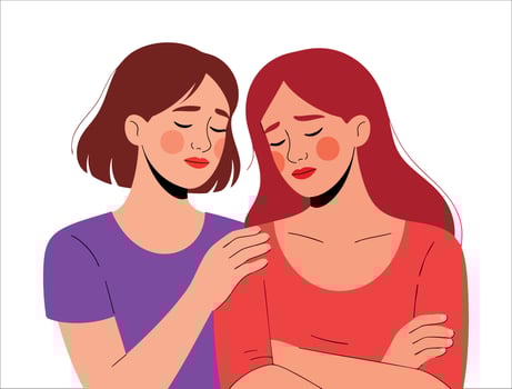 illustration showing woman comforting sad girl expressing empathy friends support depression stress anxiety therapy concept ideal for mental health awareness vector