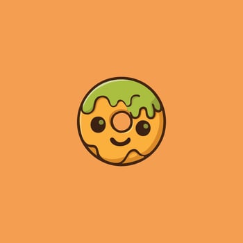 Adorable Kawaii Donut Character with Green Icing and Happy Expression. vector